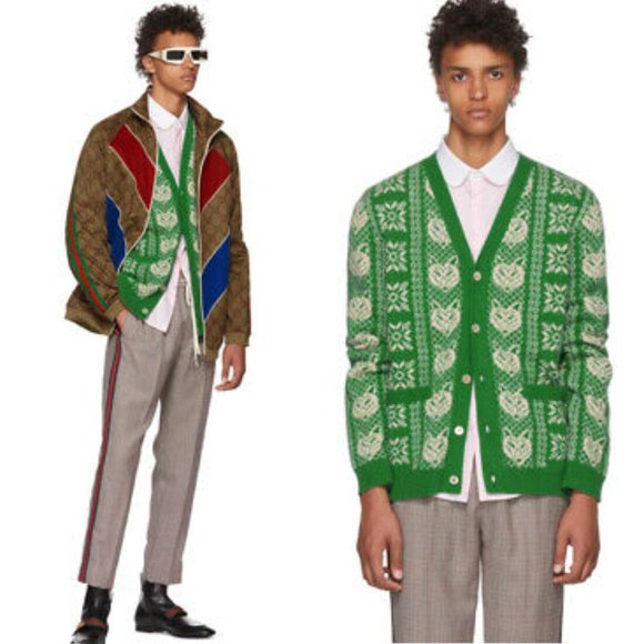 Gucci Other - Gucci Cardigan GG Logo Fox & Snowflake Print Green Wool Alpaca Blend Cardigan